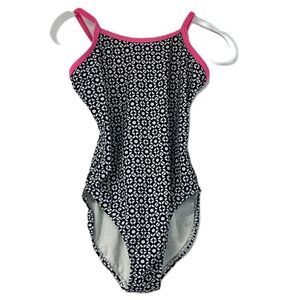 Old Navy Girls sz 5 black white print pink trim summer bathing suit vacation fun